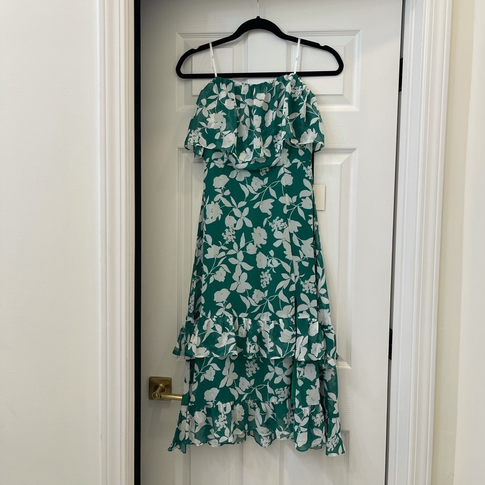 Lulus Dark Green Floral Ruffle Strapless Midi Dress Size M